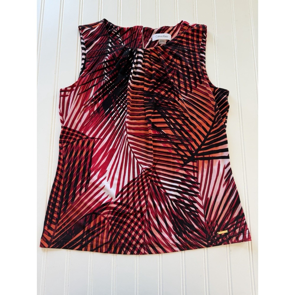 Calvin Klein Women's Sleeveless Palm Leaf Print Blouse‎ Red Orange Black PM